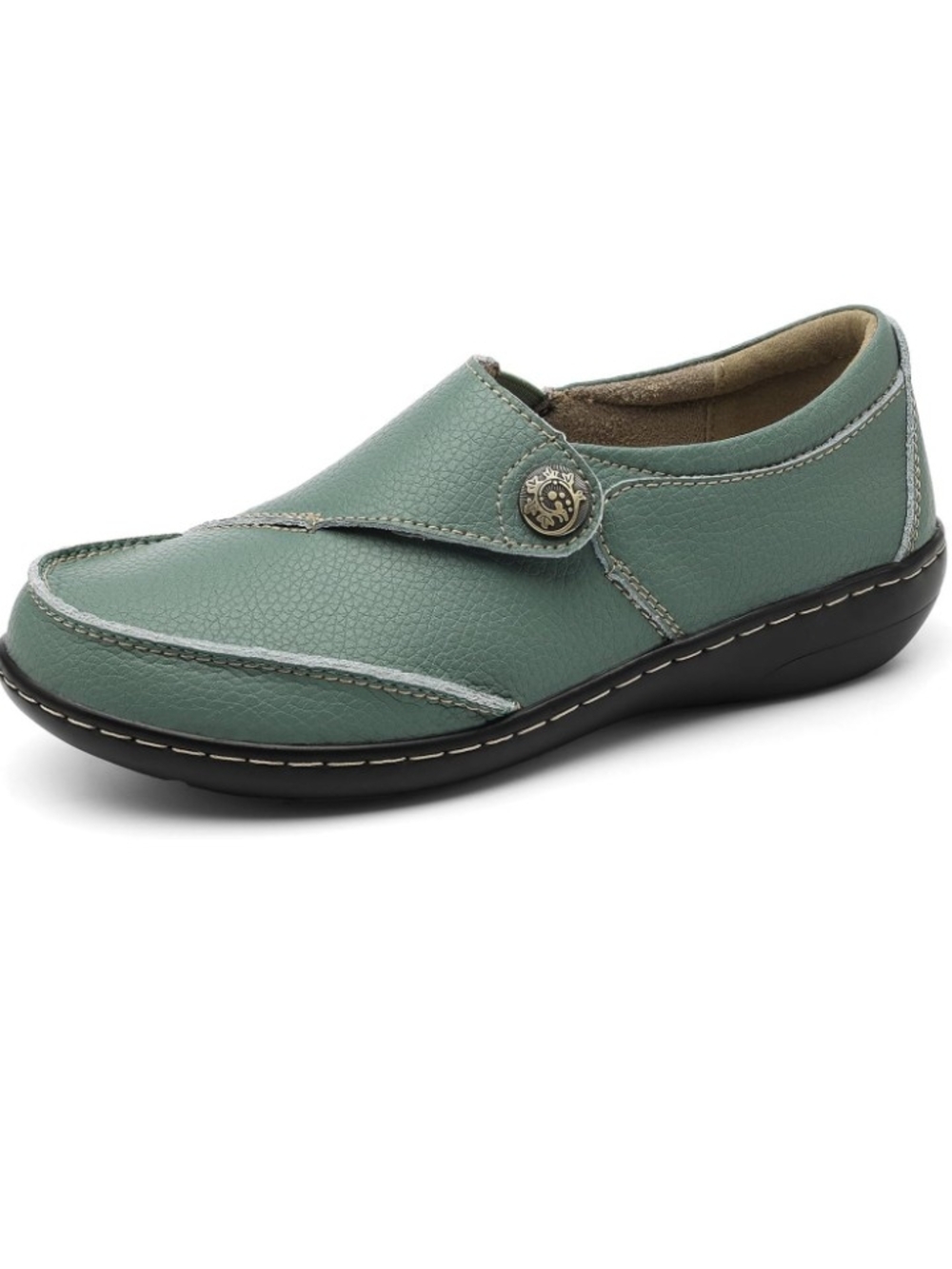 Slip-On Casual Loafer in Sage Green with Decorative Button